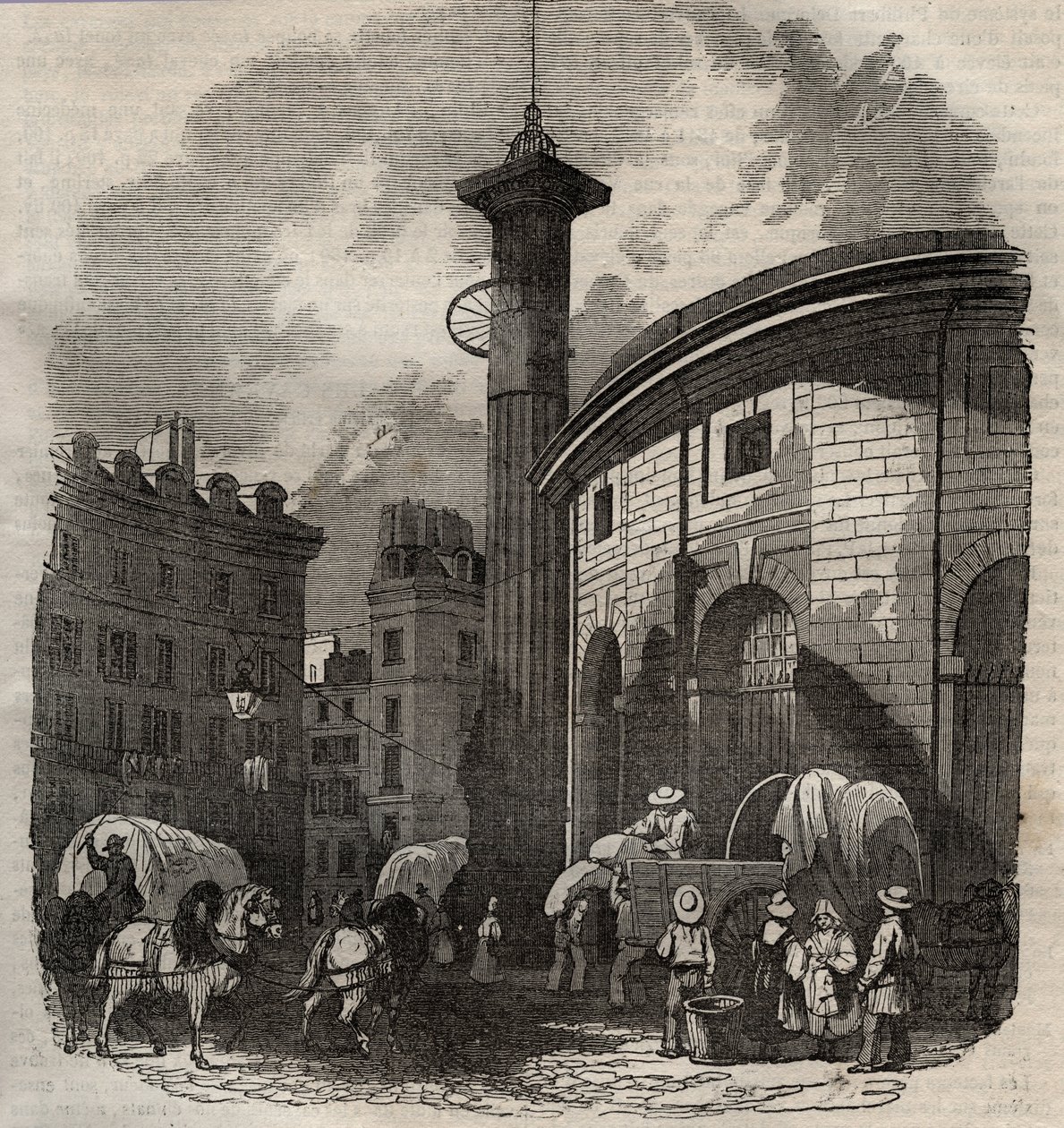 Utsikt over halle au ble i Paris (bygget i 1763-1769) og Medici-søylen, gravering fra begynnelsen av 1800-tallet - hvete- og maisutveksling i Paris (bygget i 1763-1769), gravering tidlig på 1800-tallet - Utsikt over Halle au ble, plassert på det nåværende  av French School