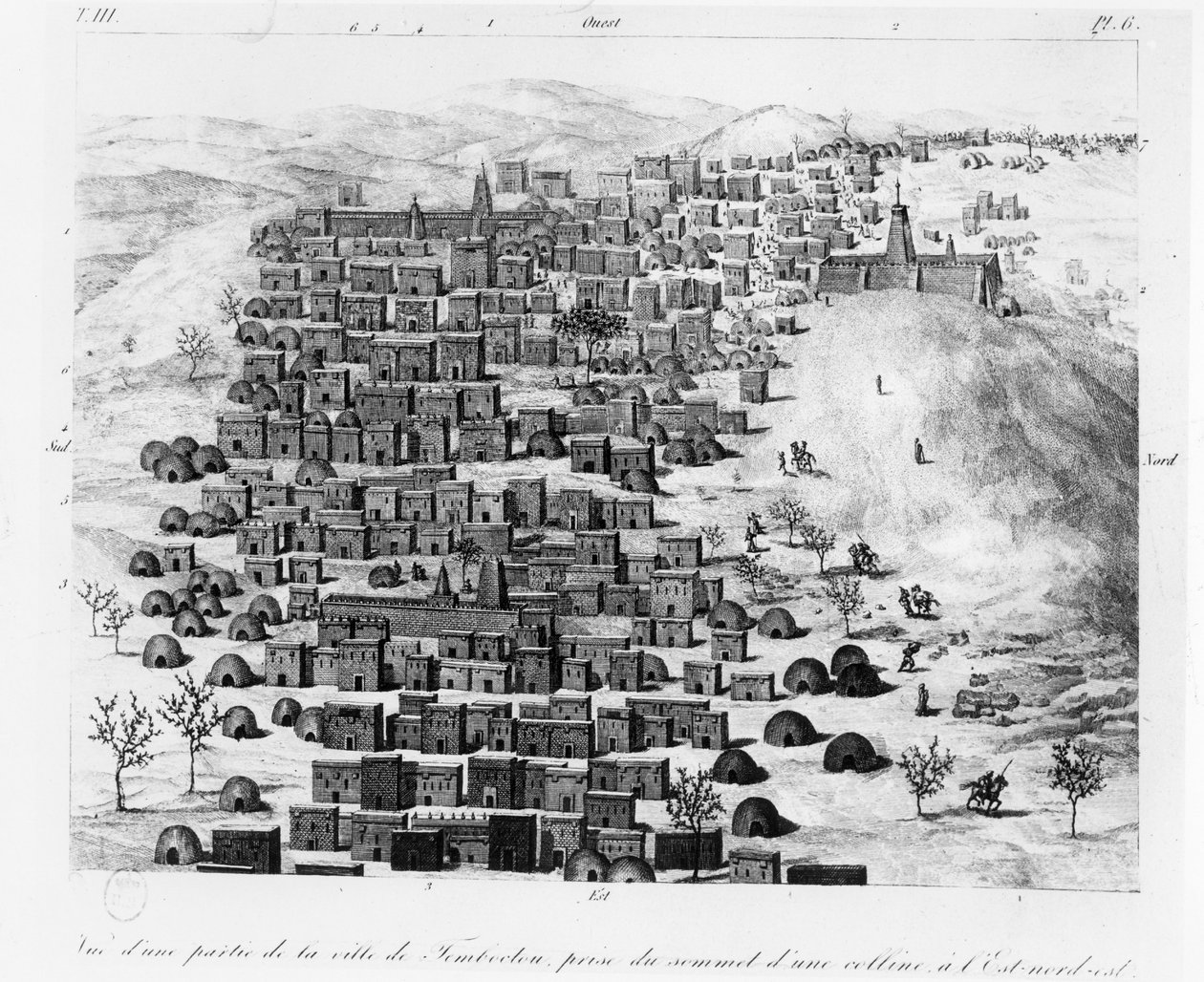 Utsikt over en del av byen Timbuktoo tatt fra en høyde mot øst, fra Voyage a Tombouctou av Rene Caillie, utgitt 1830 av French School