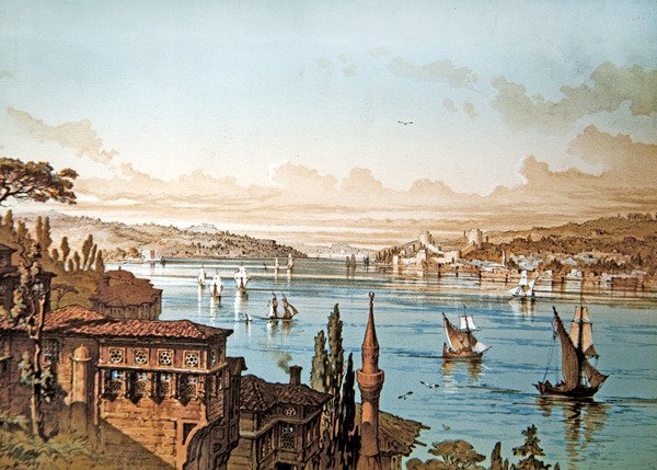 Utsikt over skipsfarten på Bosporos og slottet Rumeli Hisari med Istanbul i det fjerne (farge litho) av French School