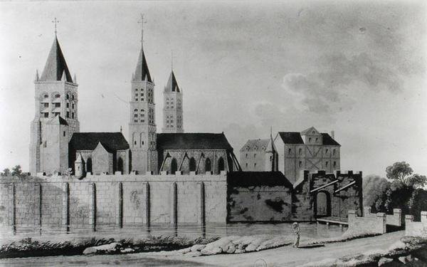 Utsikt over klosteret Saint-Germain-des-Pres på begynnelsen av 1400-tallet (litografi) (s/hv-foto) av French School