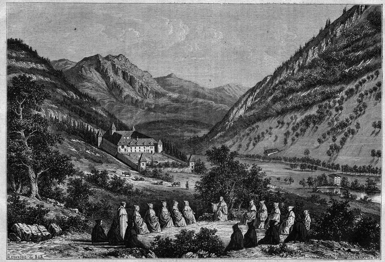 Utsikt over Abbey of Tamie i Savoy (cisterciensersamfunnet). av French School