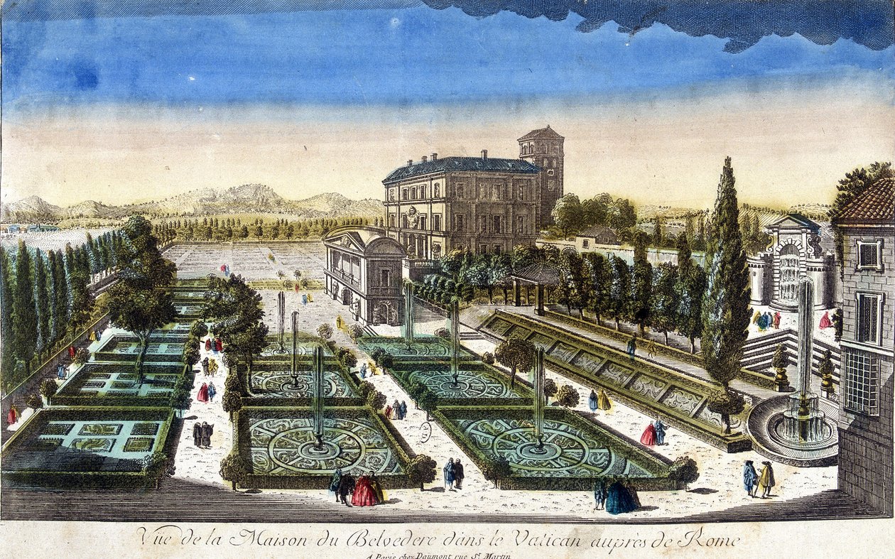 Utsikt over Belvedere-huset i Vatikanet, Roma. av French School