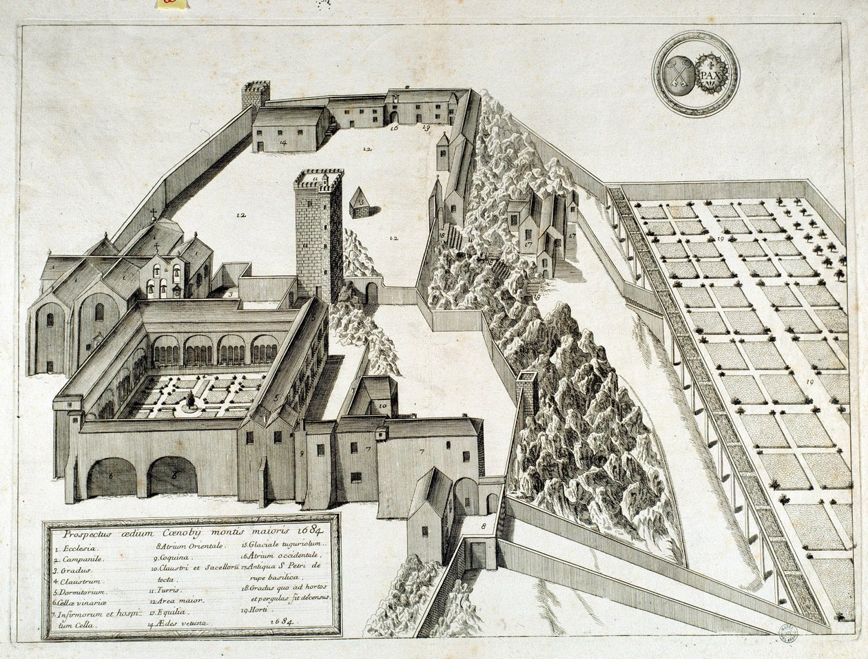 Utsikt over benediktinerklosteret Saint Pierre de Montmajour (eller Mont Majour), grunnlagt i 948, Arles, Frankrike (gravering) av French School