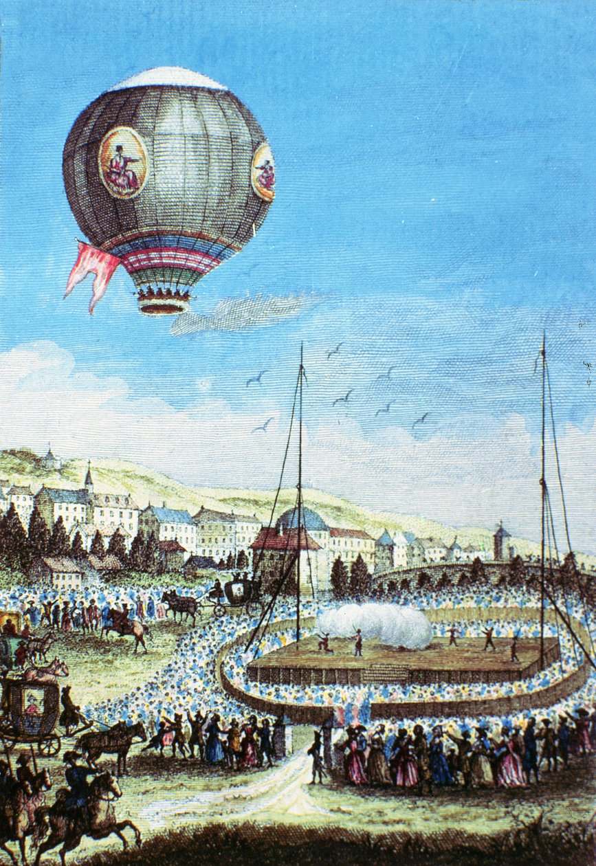 Utsikt over Brolteaux i Lyon og den tredje flyvningen til Montgolfier varmluftsballongen den 10. januar 1784 (fargegravering) av French School