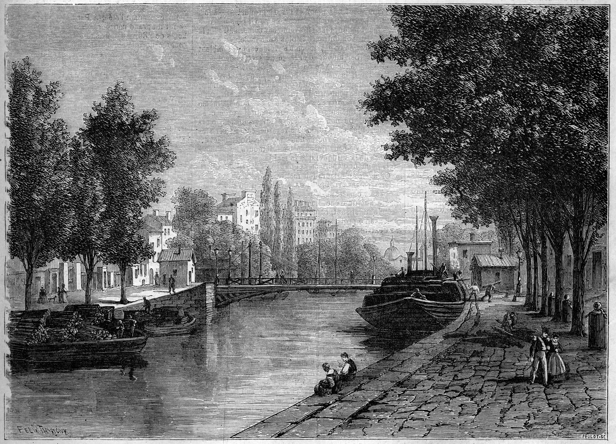 Utsikt over Canal Saint Martin, i Paris, før transformasjonene utført av Haussmann på midten av 1800-tallet. Utsikten tatt på høyden av rue Saint Sebastien. Gravering i "" Le Monde Illustré"" nr. 233 av 28. september av French School