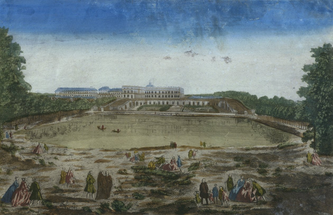 Utsikt over Chateau og Orangerie sett fra Piece deau des Suisses, Versailles, Frankrike av French School