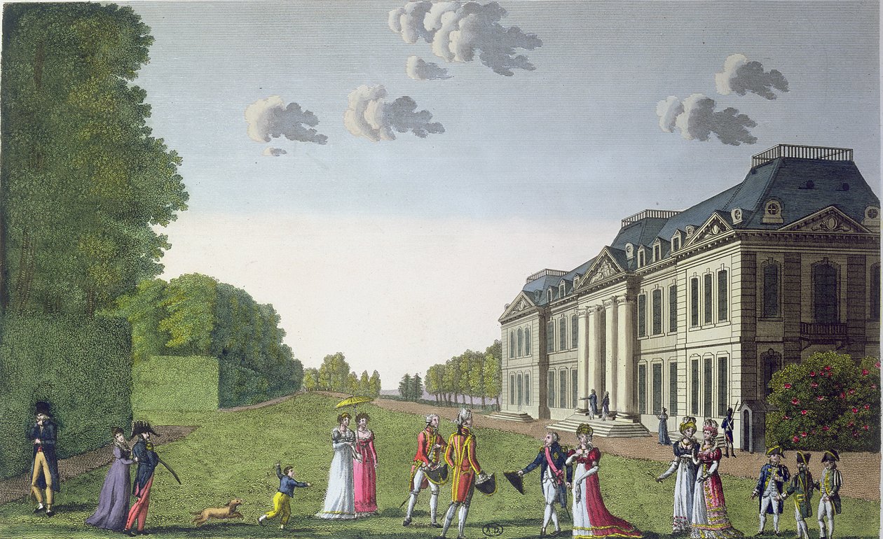 Utsikt over Chateau de Bellevue fra hagen, ca. 1820 (fargegravering) av French School