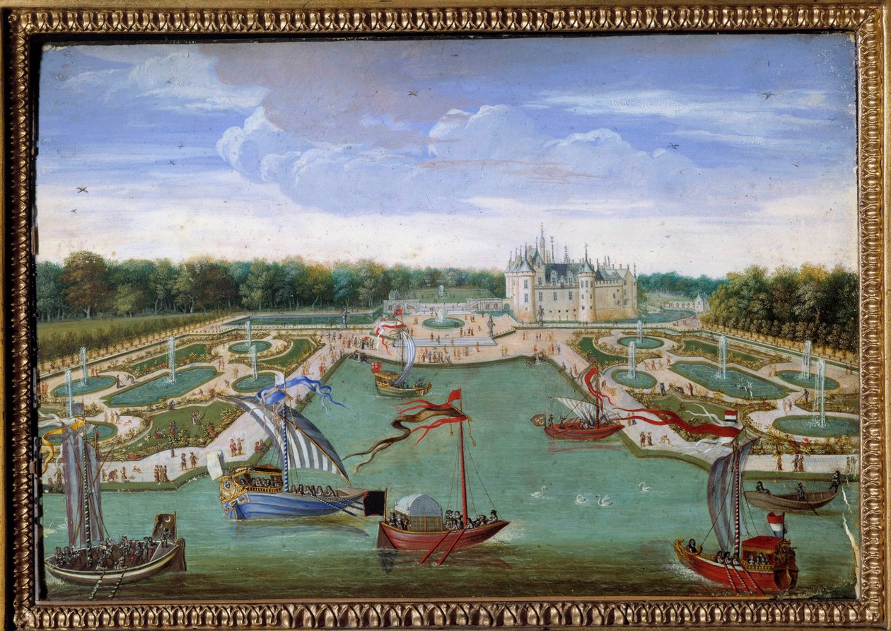 Utsikt over Chateau de Chantilly og sengene hentet fra Vertugadin Anonymous-maleriet av Ecole francaise. Omkring 1680. Dim. 0,26x0,34 m. Chantilly, musee Conde - Utsikt over slottet i Chantilly og parterrene fra Vertugadin. Anonymt maleri av French School