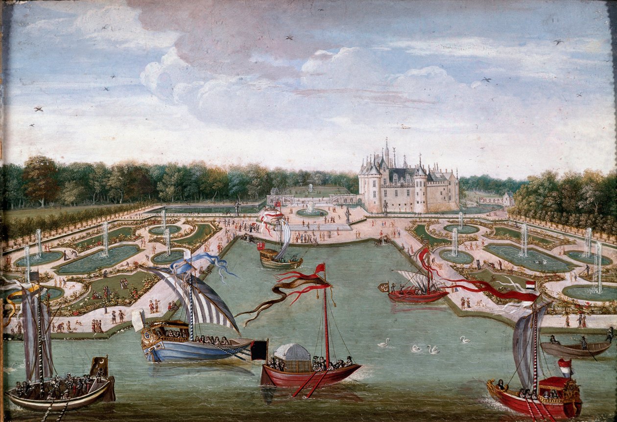 Utsikt over Chateau de Chantilly og sengene hentet fra Vertugadin Anonymous-maleriet av Ecole francaise. Omkring 1680. Dim. 0,26x0,34 m. Chantilly, Conde-museet av French School