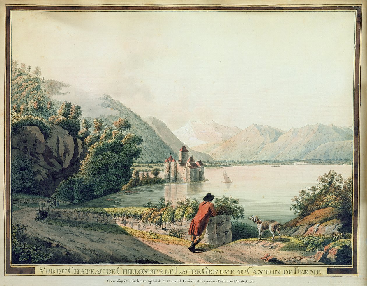 Utsikt over Chateau de Chillon, Genfersjøen (farget etsning) av French School