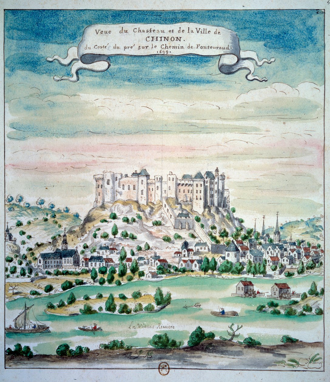 Utsikt over Chateau de Chinon akvarell fra den franske skolen. 1699 Paris, B.N. av French School