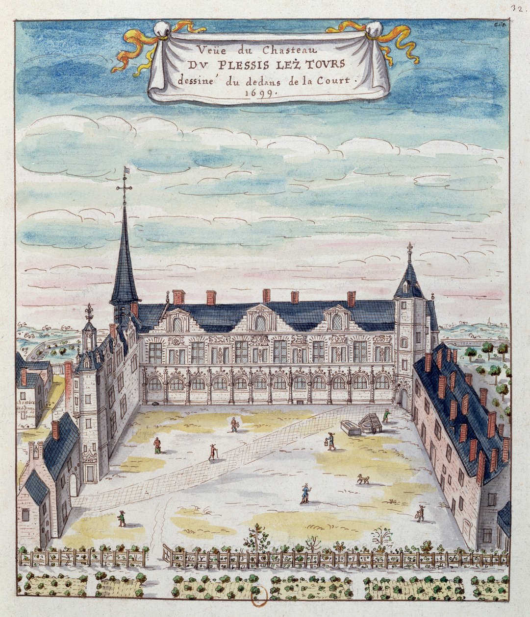 Utsikt over Chateau de Plessis-les-Tours i Tourraine, 1699 (penn og blekk og wc på papir) (se også 173766) av French School