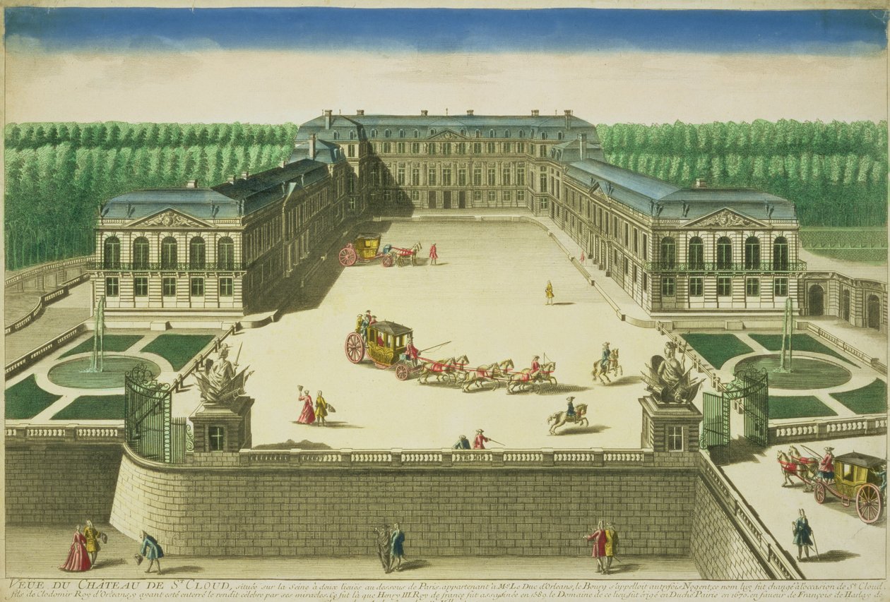 Utsikt over Chateau of St. Cloud, gravert av Antoine Aveline (1691-1743) av French School