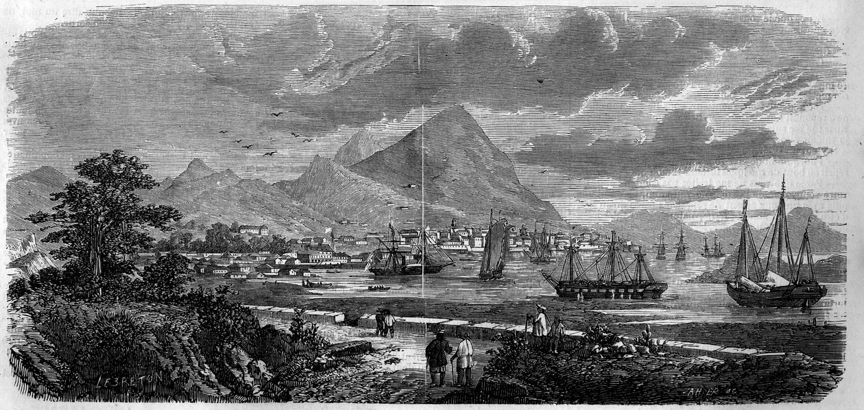 Utsikt over byen Hong Kong (Hong Kong) (Canton Bay Island) i 1857. Gravering i “” Le Monde Illustré”” nr. 29 av 31. oktober 1857. av French School