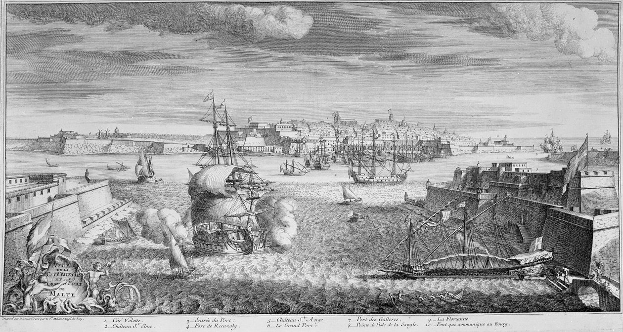 Utsikt over byen Valletta, Port of Malta, ca. 1736 (gravering) av French School