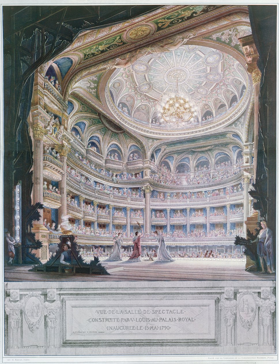 Utsikt over Comedie Francaise Theatre i 1790, etter en original av Gaudet og Prudent (fargegravering) av French School