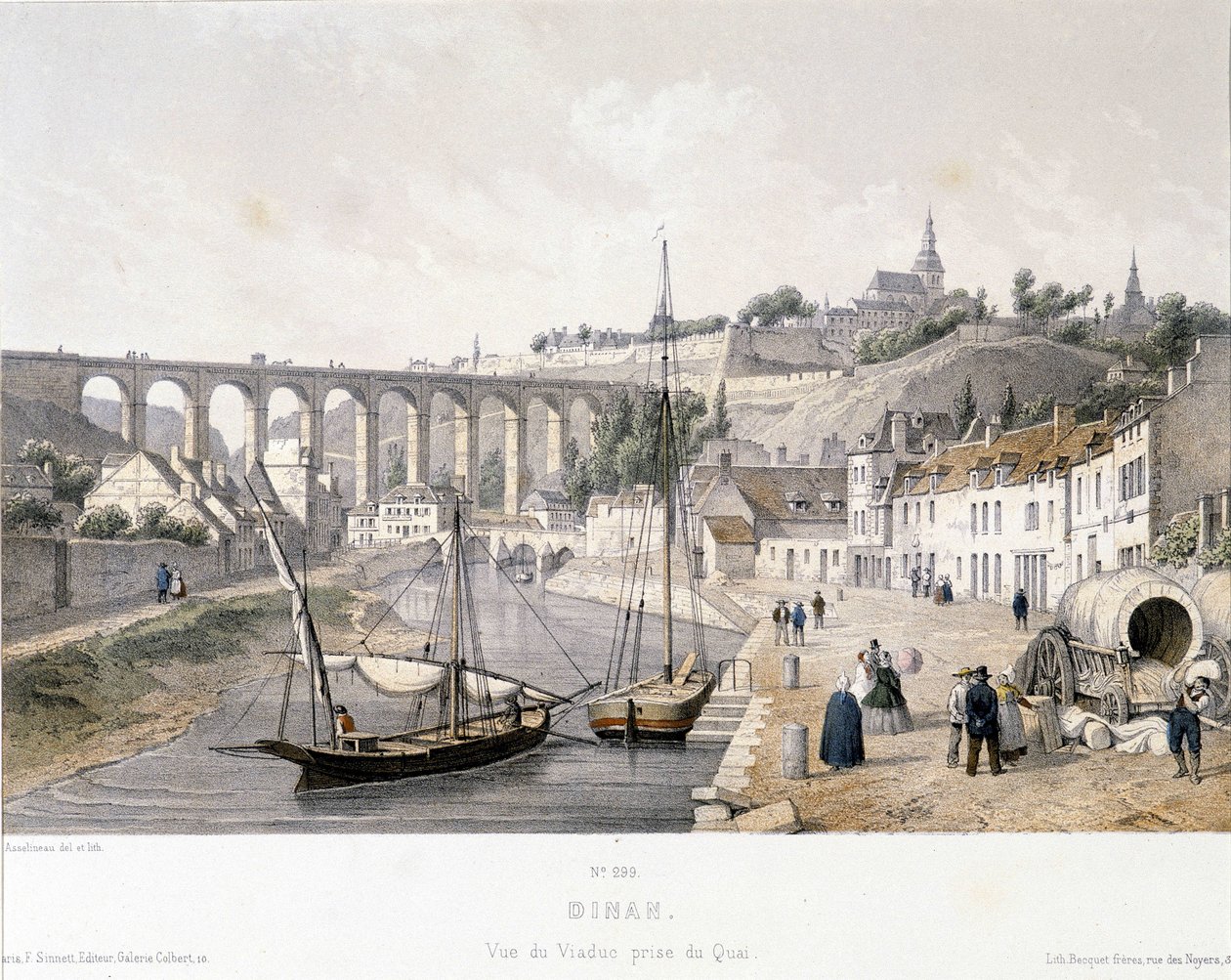 Utsikt over Dinan-viadukten (Cote d'Armor) og bryggen. Illustrasjon av 1800-tallet bevart på Museum of Dinan (gravering) av French School