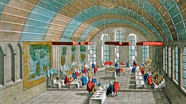 Utsikt over middagen gitt til keiseren og kurfyrstene i Sachsen i 1758 i rådhuset i Frankfurt, Tyskland (farget gravering) av French School