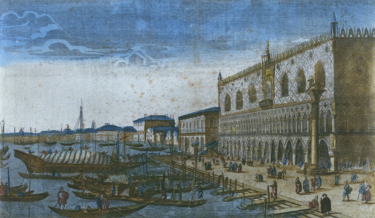 Utsikt over hertugpalasset og Canal Grande, Venezia, Italia (fargegravering) av French School