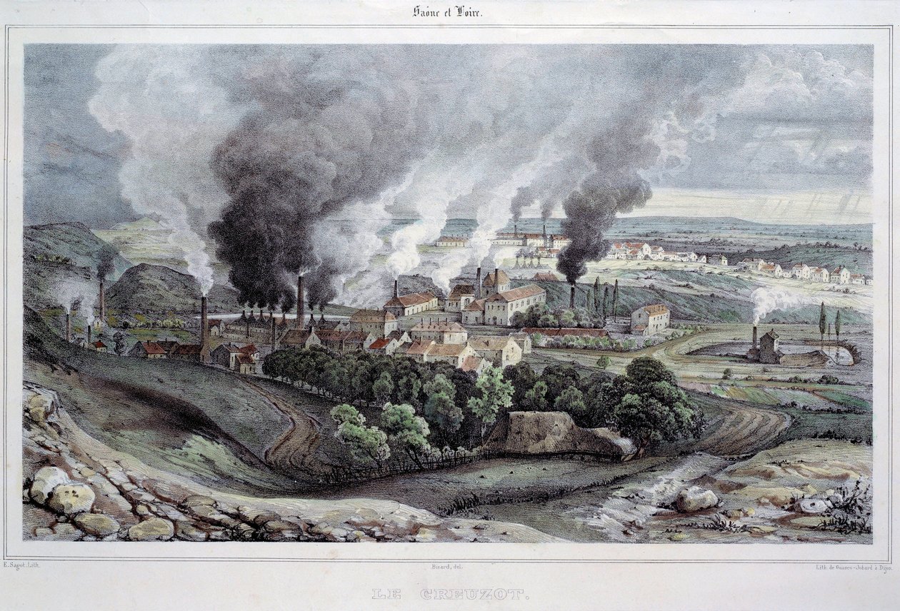 Utsikt over støperiet og crystallerie du Creusot rundt 1820-1830 av French School