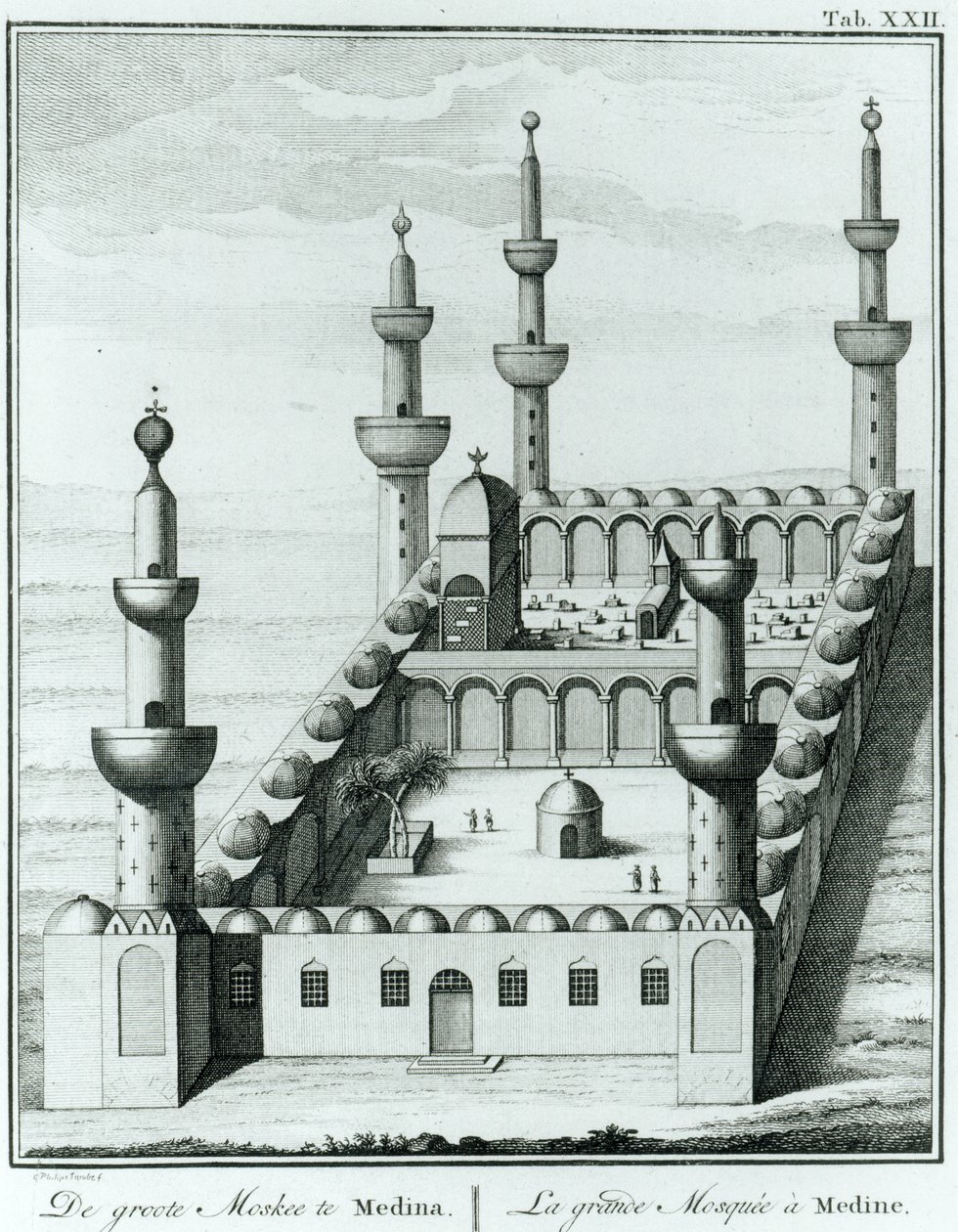 Utsikt over den store moskeen ved Medina før vanhelligelsen av gravene av Wahhabi-sekten, fra Description de lArabie av Carsten Niebuhr (1733-1815) publisert 1774 av French School