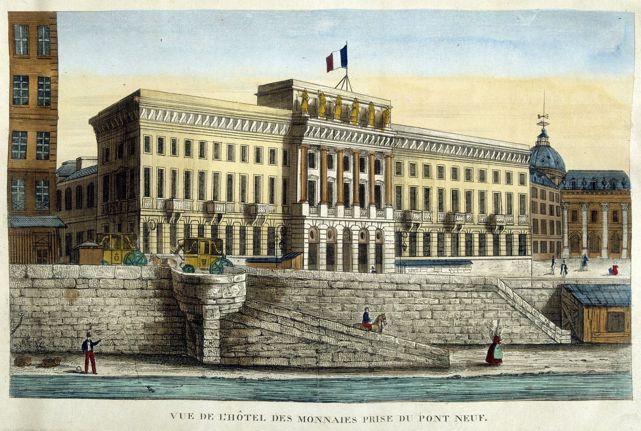 Utsikt over Hotel des Monnins tatt fra Pont Neuf - gravering, begynnelsen av 1800-tallet av French School