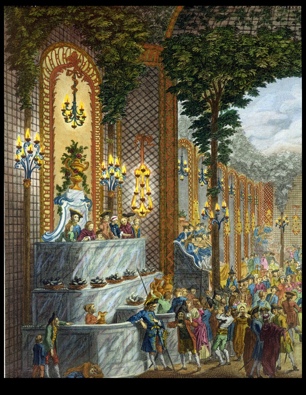 Utsikt over interiøret i et av rommene på Place de Louis le Grand, Utsikt over inngangen til salongen (detalj av 101860) (fargegravering) av French School