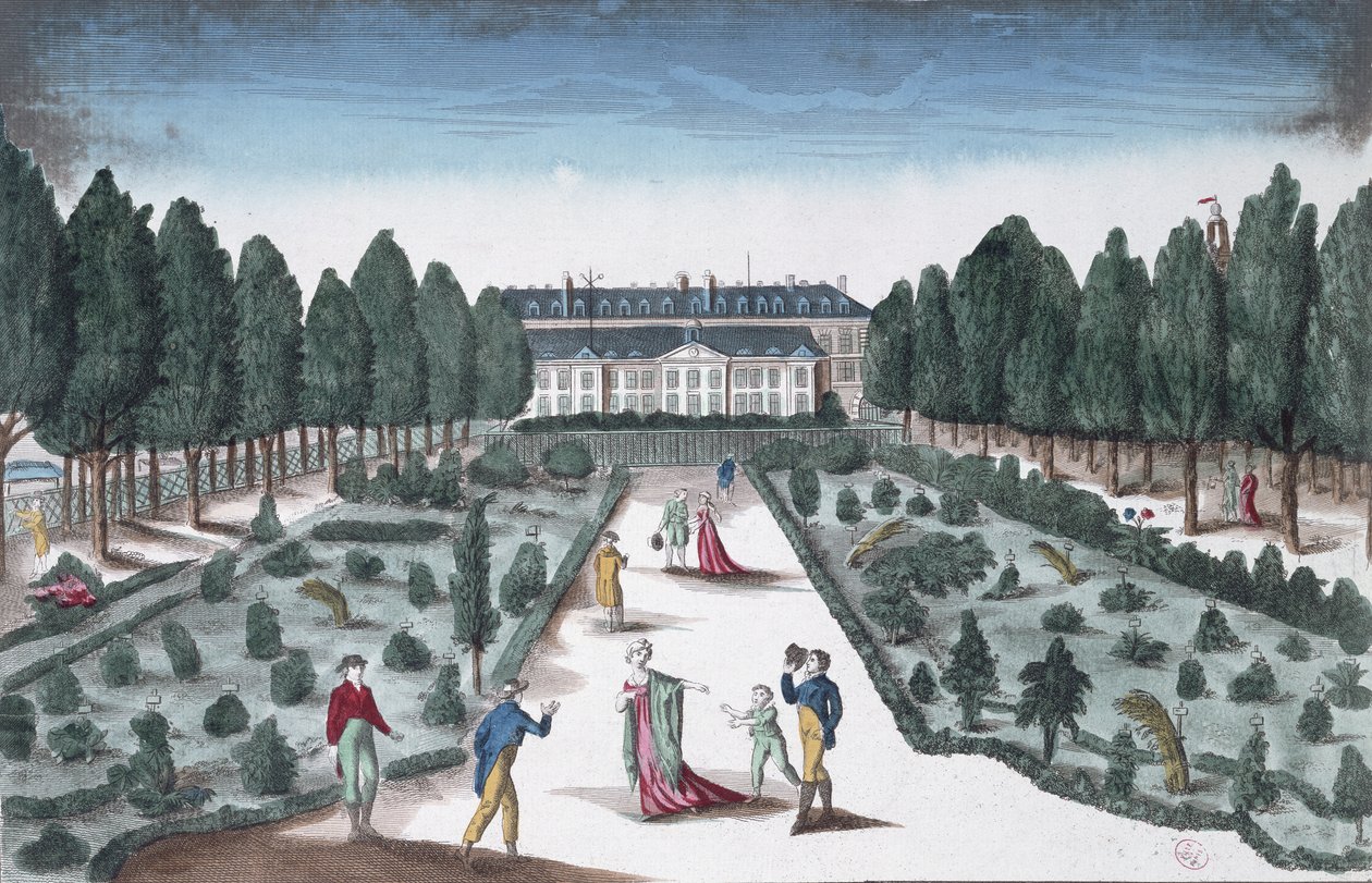 Utsikt over Jardin des Plantes, fra rekkverkene nær Seinen (fargegravering) av French School