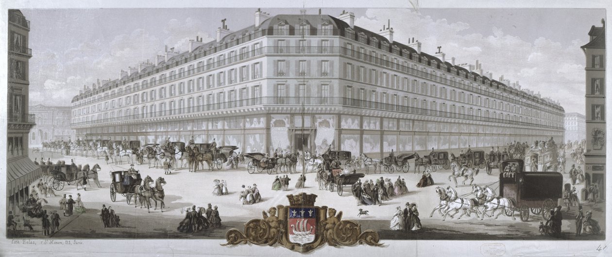Utsikt over varehuset Magasins du Louvre, Paris, 1866 av French School