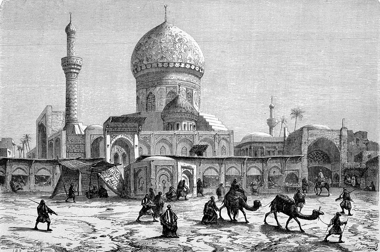 Utsikt over markedsplassen og Ahmet-Kiaia-moskeen, Bagdad (gravering) av French School