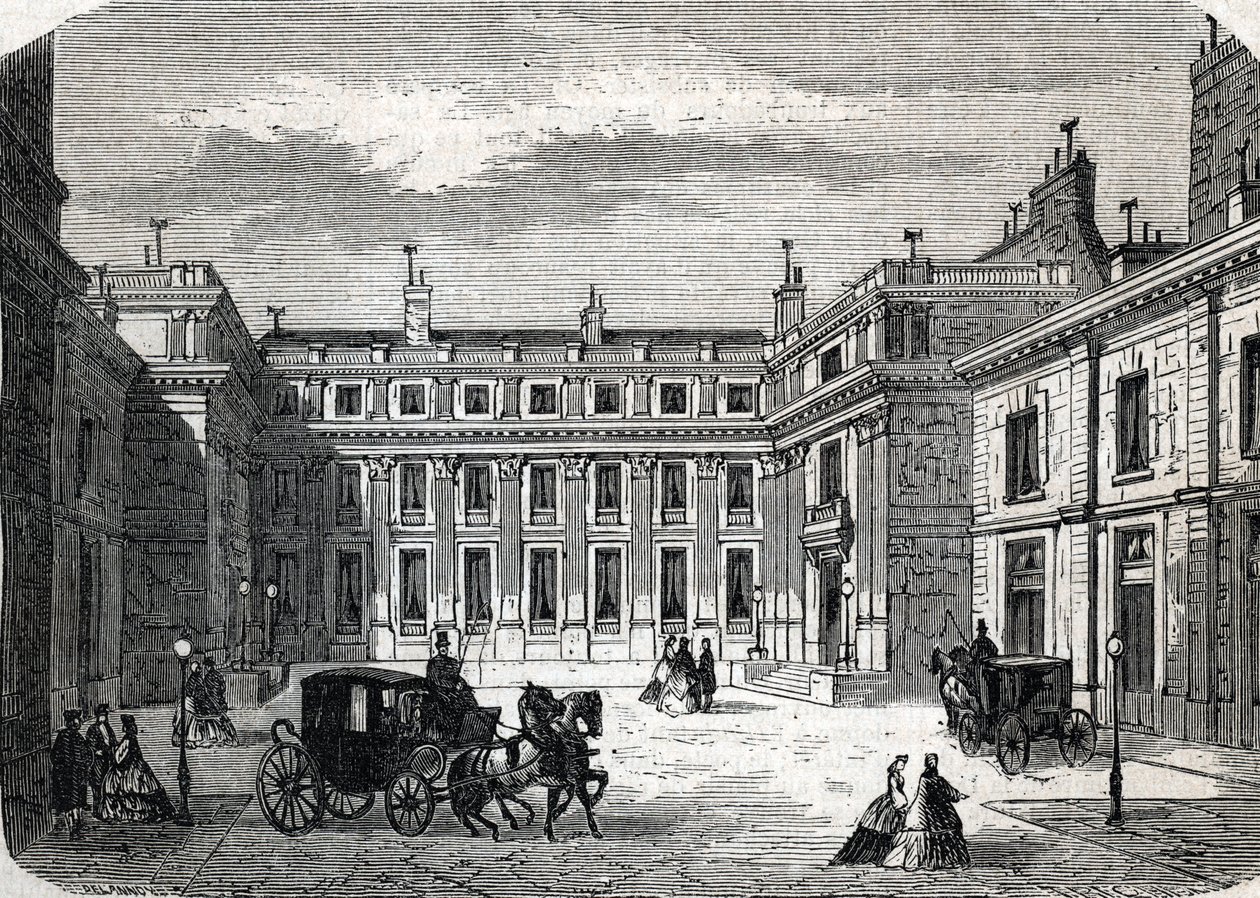 Utsikt over departementet for offentlig utdanning, Hotel de Rochechouart rue de Grenelle, i Paris - (gravering) 1864 av French School