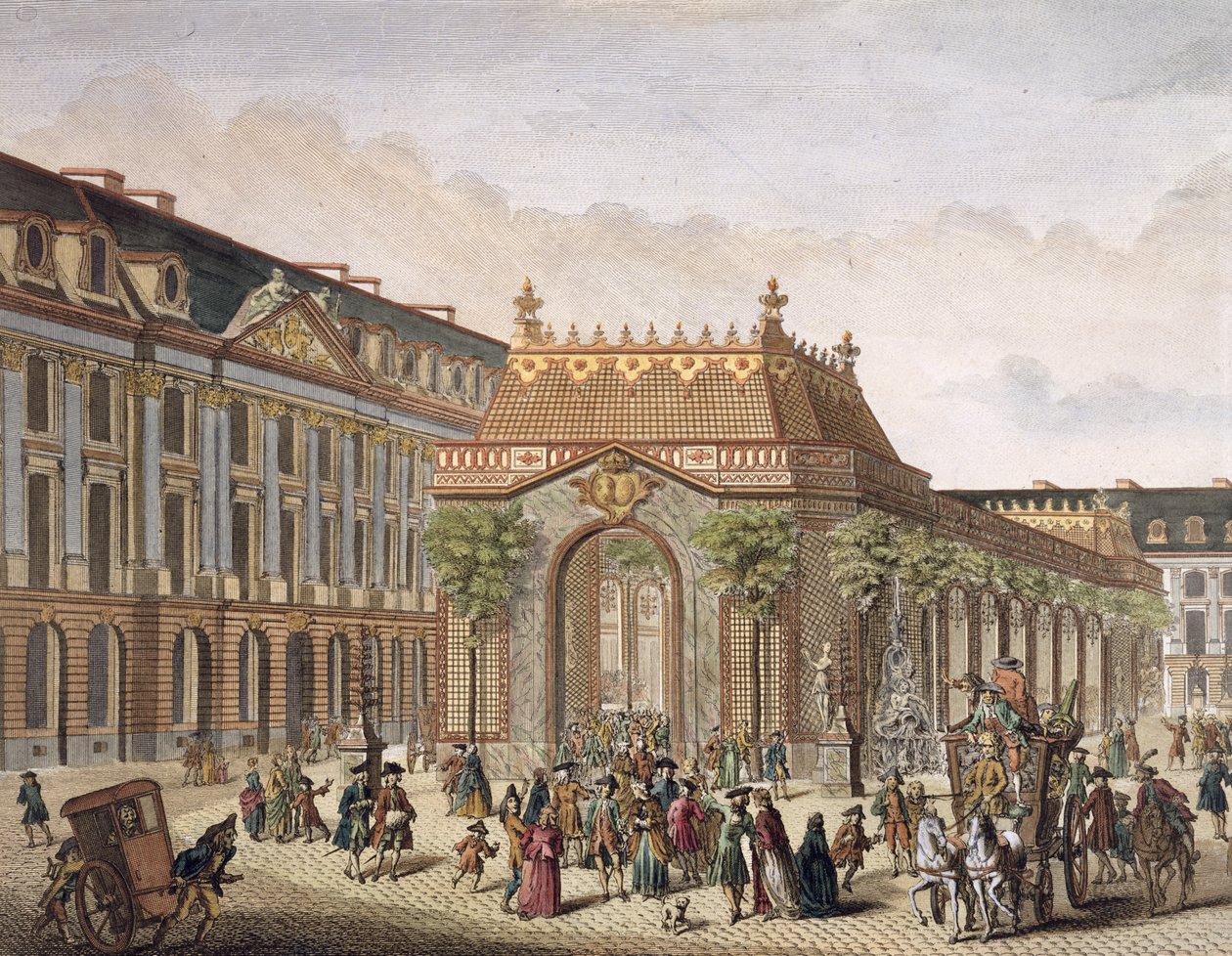 Utsikt over Place de Louis le Grand, med et av rommene konstruert i anledning ekteskapet til Monseigneur le Dauphin (detalj av 101866) (fargegravering) av French School
