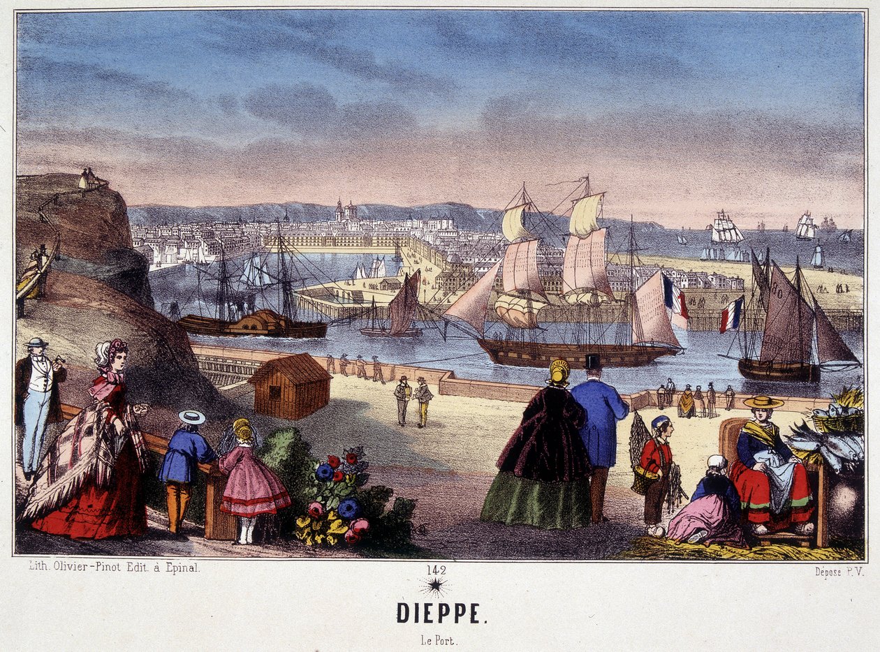 Utsikt over havnen i Dieppe, bilde av Epinal, n.d. 1800-tallet av French School