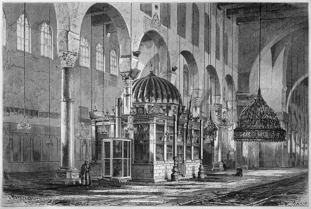 Utsikt over bønnehallen, Umayyad-moskeen, Damaskus, Syria, fra Syria i dag. Reiser i Fønikia, Libanon og Judea. 1875-1880 av Louis Charles Emile Lortet, 1884 (bw gravering) av French School