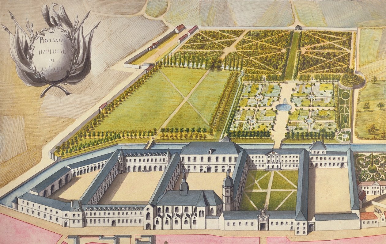 Utsikt over Prytanee Imperial, tidligere Jesuit College i La Fleche, ca. 1810 (wc) av French School