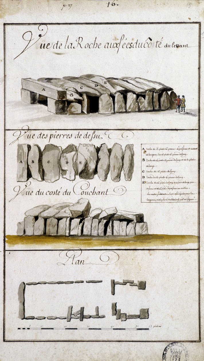 Utsikt over Roche aux Fées på østsiden, utsikt over steinene i Defsu - i "" Historisk, topografisk og naturlig beskrivelse av Bretagne"" av Robien av French School