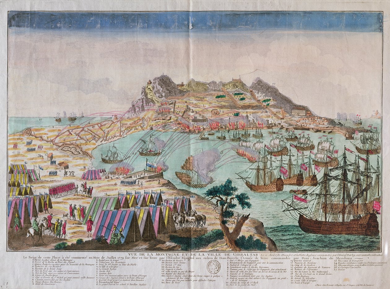 Utsikt over klippen og byen Gibraltar under beleiringen i 1779 av French School