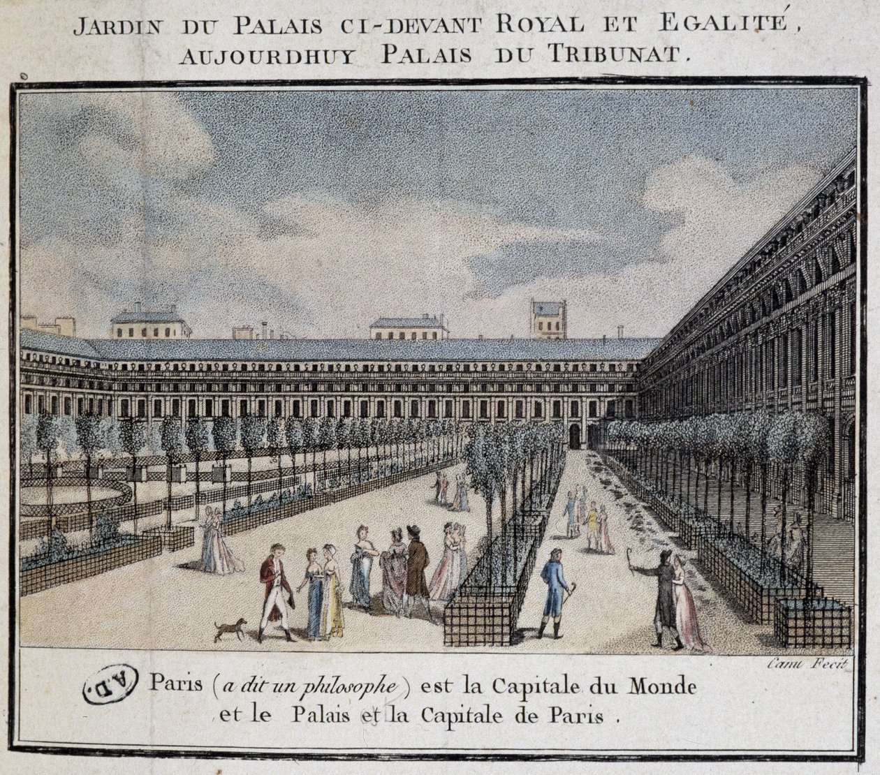 Utsikt over det kongelige palasset (Palais du Tribunat) med hage og turgåere av French School