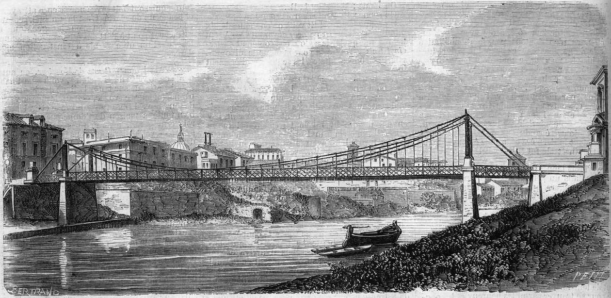 Utsikt over Saint John-broen ved elven Tiberen (Tevere) i Italia, innviet i 1863. Denne stålbroen ble designet av Alphonse Oudry (1819-1869). Gravering i "" Le Monde Illustré"" nr. 349 av 19. desember 1863. av French School