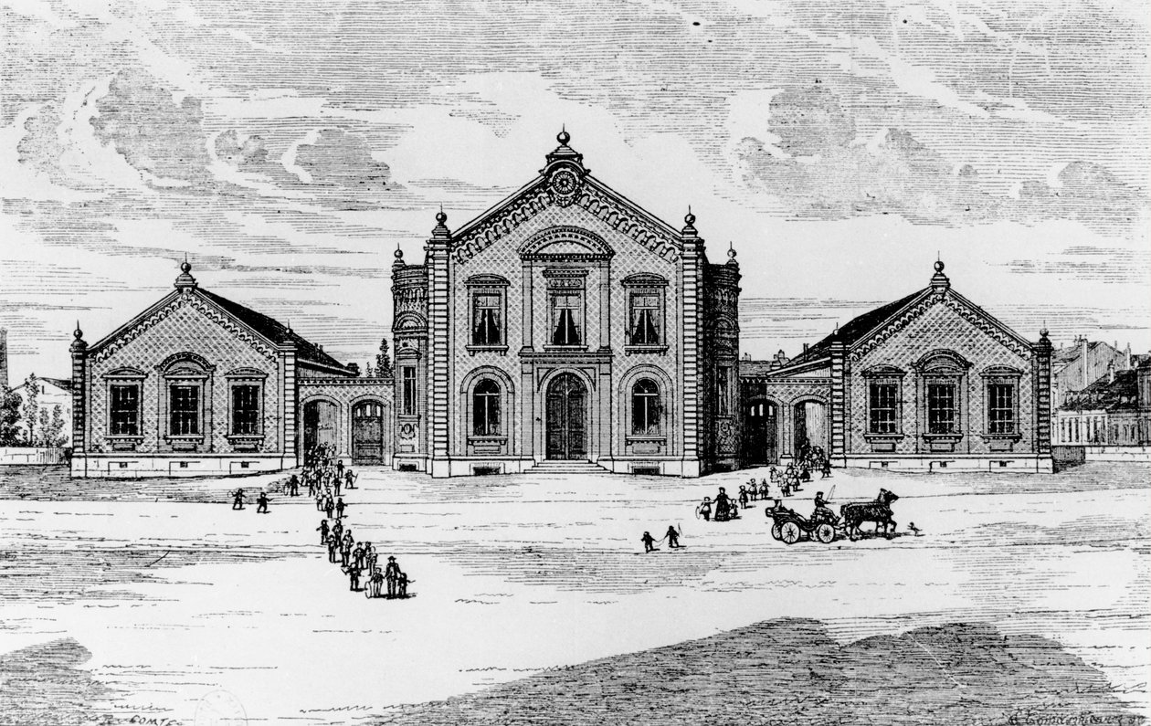 Utsikt over skolene og teatret, Familistery of Guise, fra Solutions Sociales av Jean-Baptiste Andre Godin (1817-88), Paris, 1871 av French School