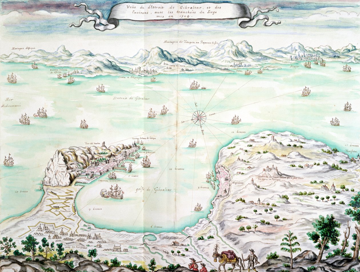 Utsikt over beleiringen av Gibraltar i 1704 (wc på papir) av French School