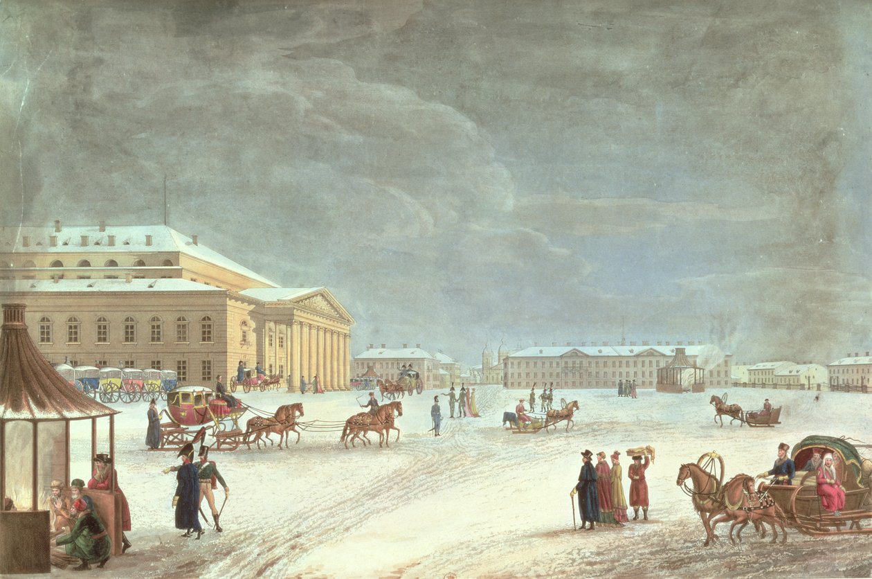Utsikt over torget og Grand Theatre, St Petersburg (farget litho) av French School