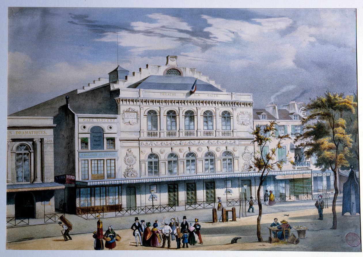 Utsikt over Theatre de la Gaite i Paris Litografi fra 1800-tallets Paris. Musee Carnavalet av French School