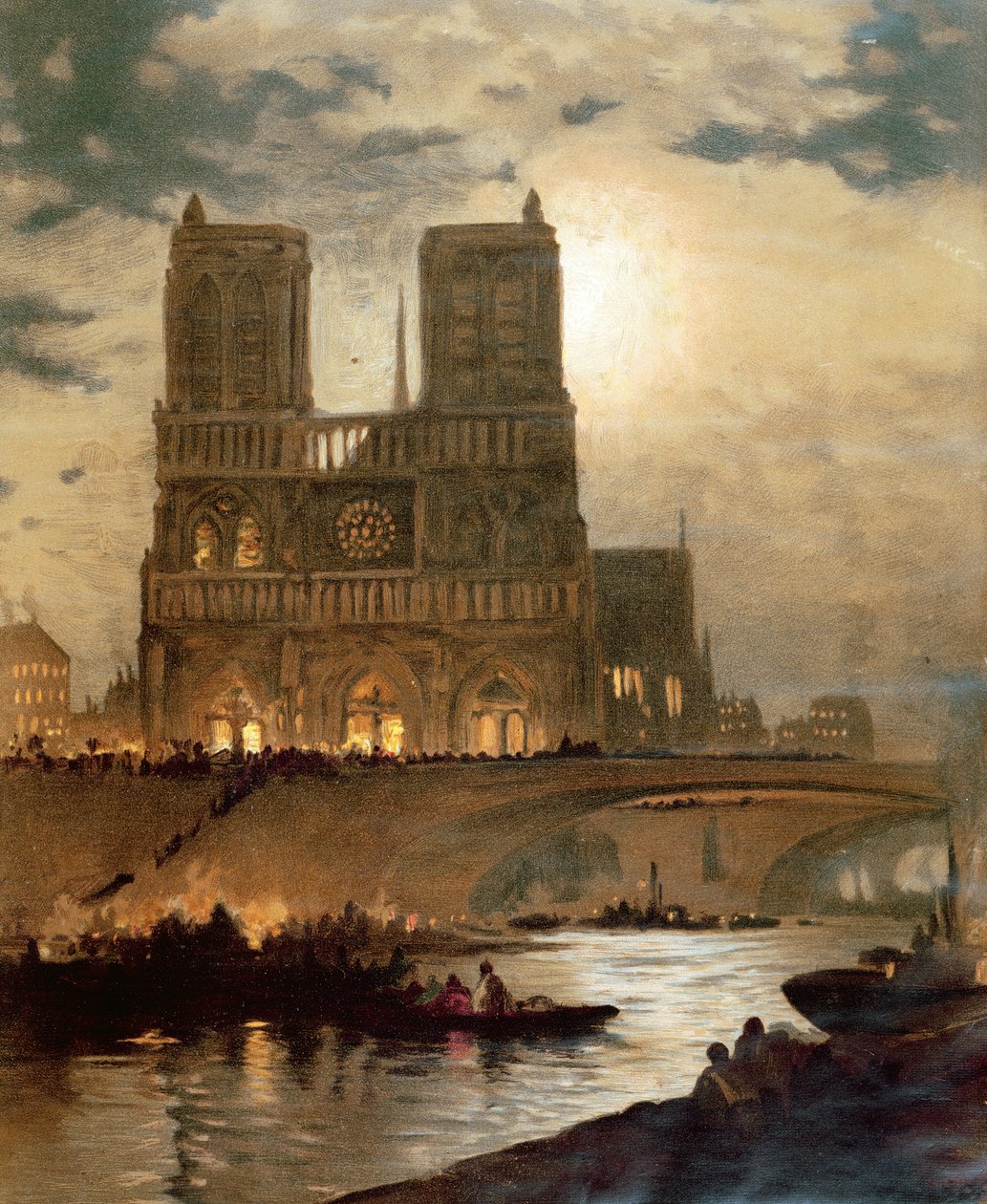 Utsikt over vestfasaden til katedralen Notre-Dame, Paris, ca. 1840 av French School