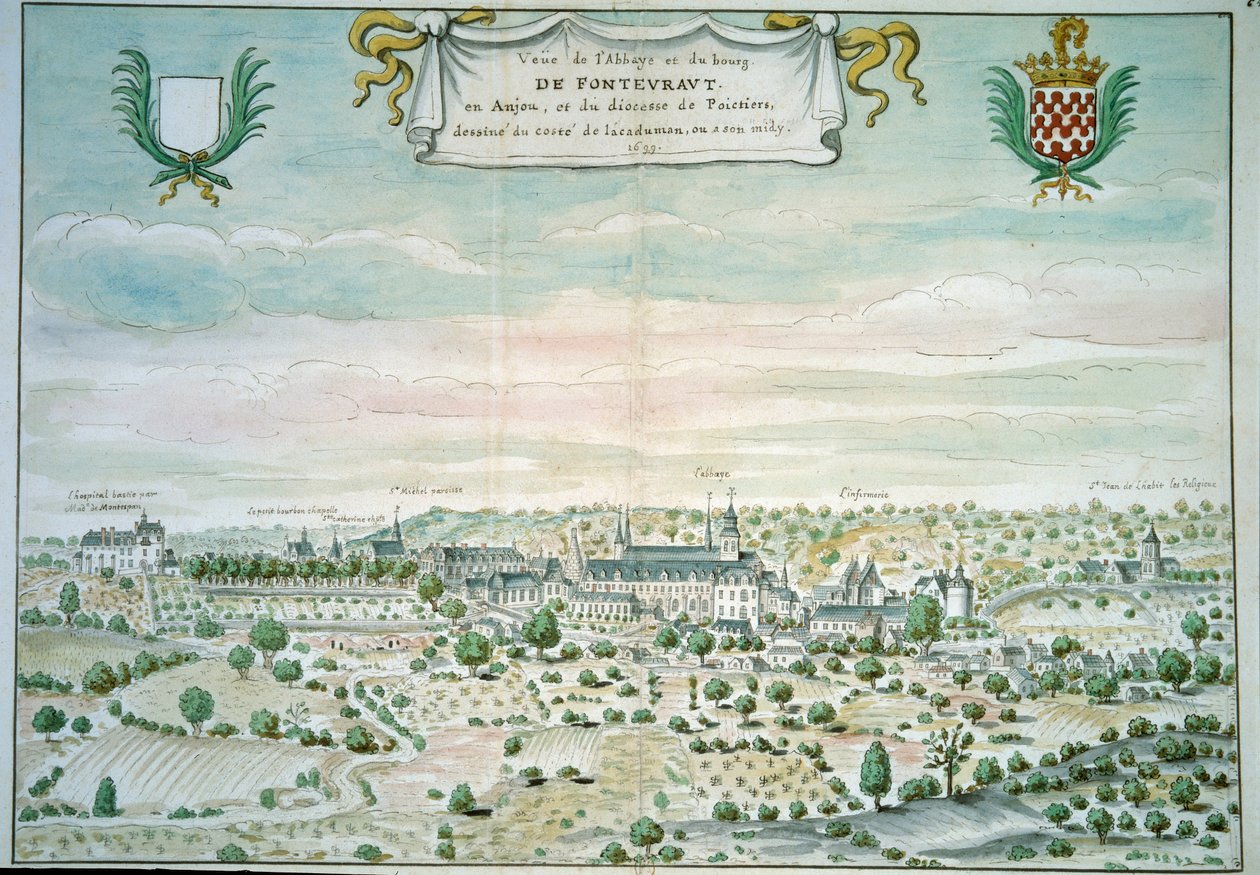 Utsikt over klosteret Fontevrault (Fontevraud) i Maine og Loire Akvarell fra den franske skolen. 1699 Paris, B.N. av French School