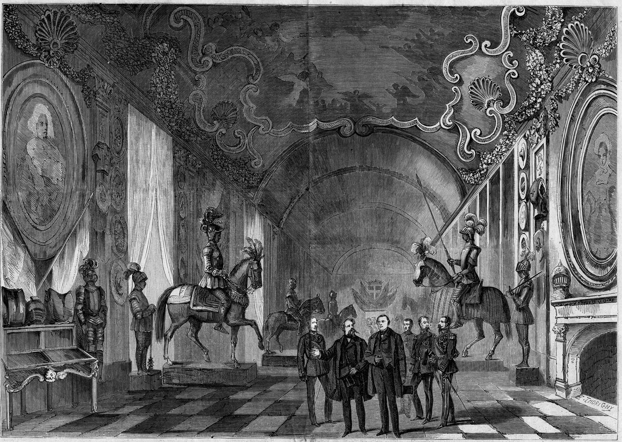 View of the arms room of the Palace of Turin (Italy) during the visit of King Victor Emmanuel II (Vittorio Emanuele) (Victor-Emmanuel) (1820-1878) and Prince Napoleon (1822-1891) av French School