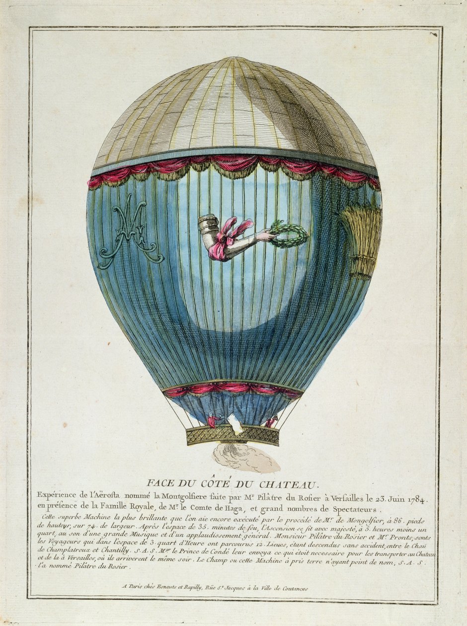 Utsikt over ballongen brukt av Francois Pilatre de Rozier (1754-85) i Versailles 23. juni 1784 av French School