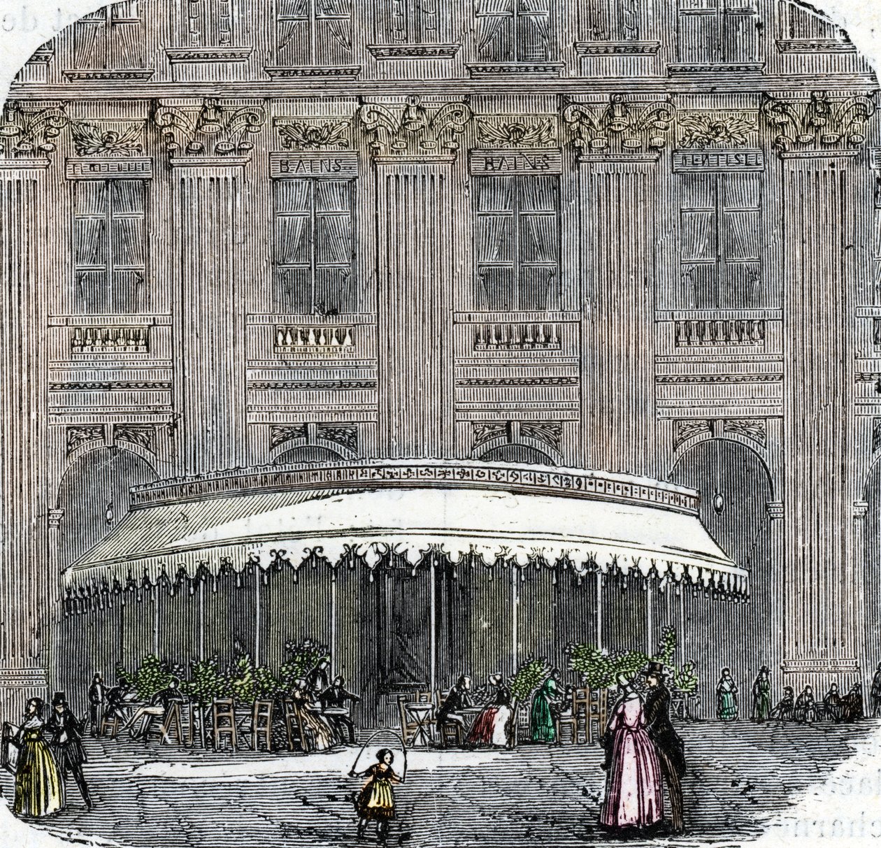 Utsikt over cafe de la Rotonde ved Palais-Royal i Paris rundt 1860 (farget gravering) av French School
