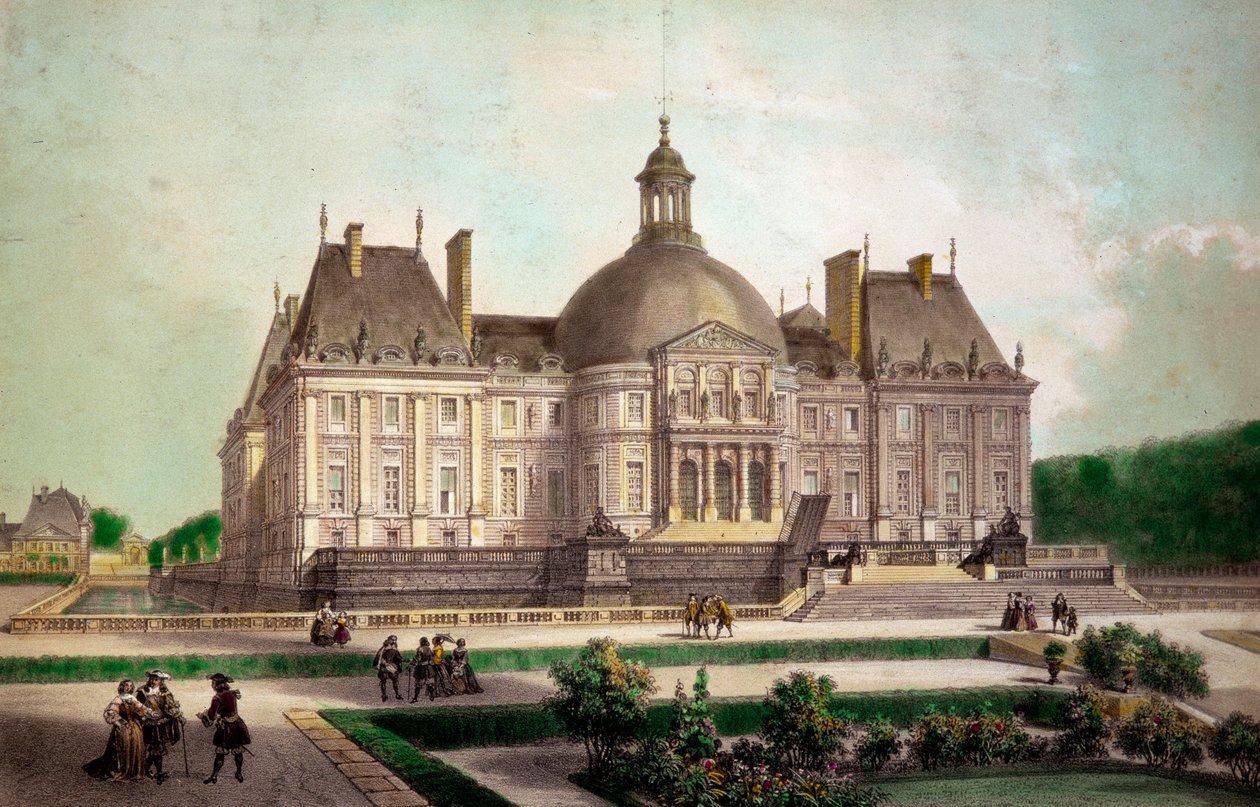 Utsikt over slottet Vaux le Vicomte (Vaux-le-Vicomte) i Maincy (Seine-et-Marne), bygget rundt 1658. Utskrifter fra privatsamlingen fra 1800-tallet av French School