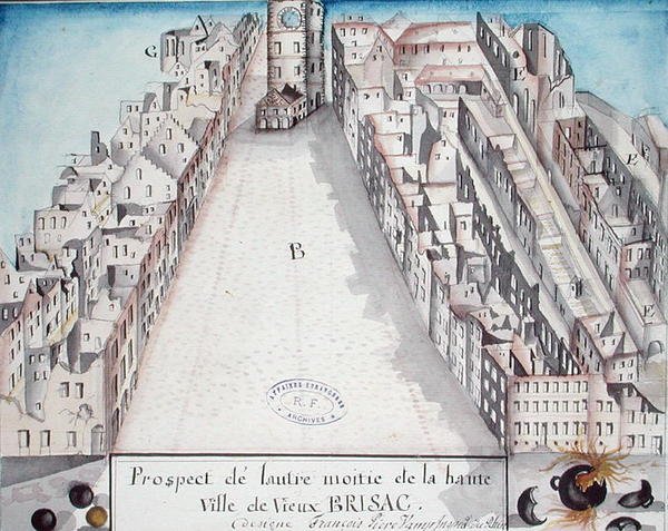 Utsikt over sentrum av Brisach etter fransk bombardement i 1793 av French School